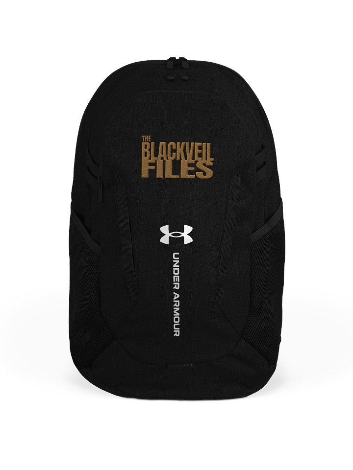 The BLACKVEIL Files Backpack — black Under Armour backpack with wordmark.