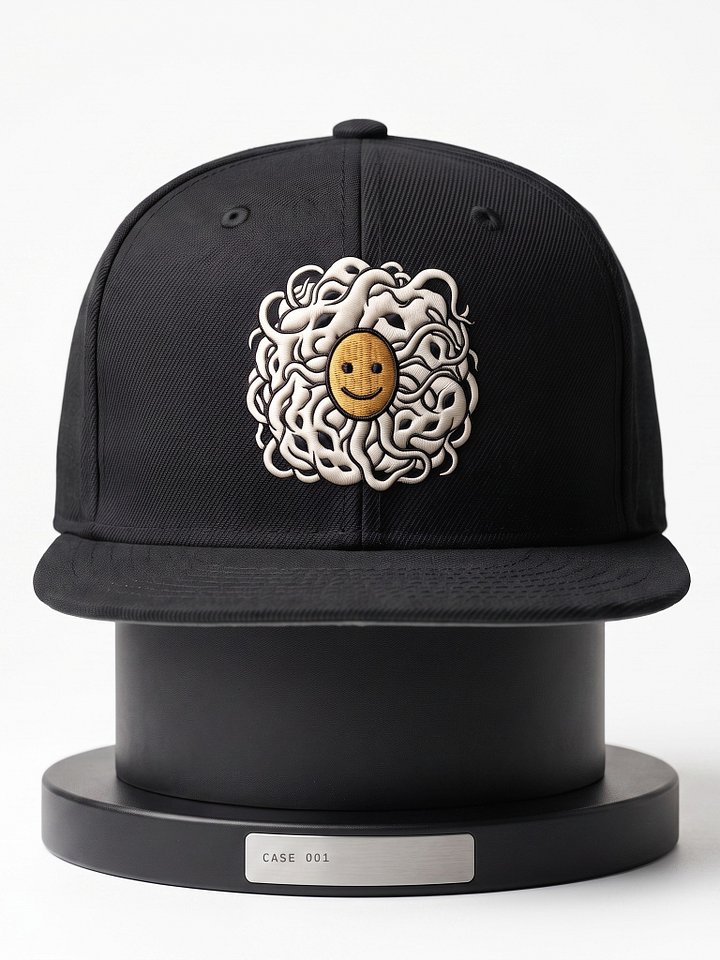 The Shoggoth Cap — bone and gold embroidered patch on a black flat-brim.